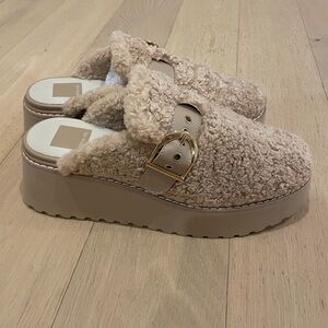 Dolce Vita Beige Shearling Platform Mules